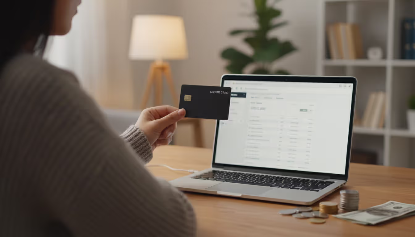 Person holding a secured credit card at a desk with an open laptop showing a banking application and a small cash deposit nearby