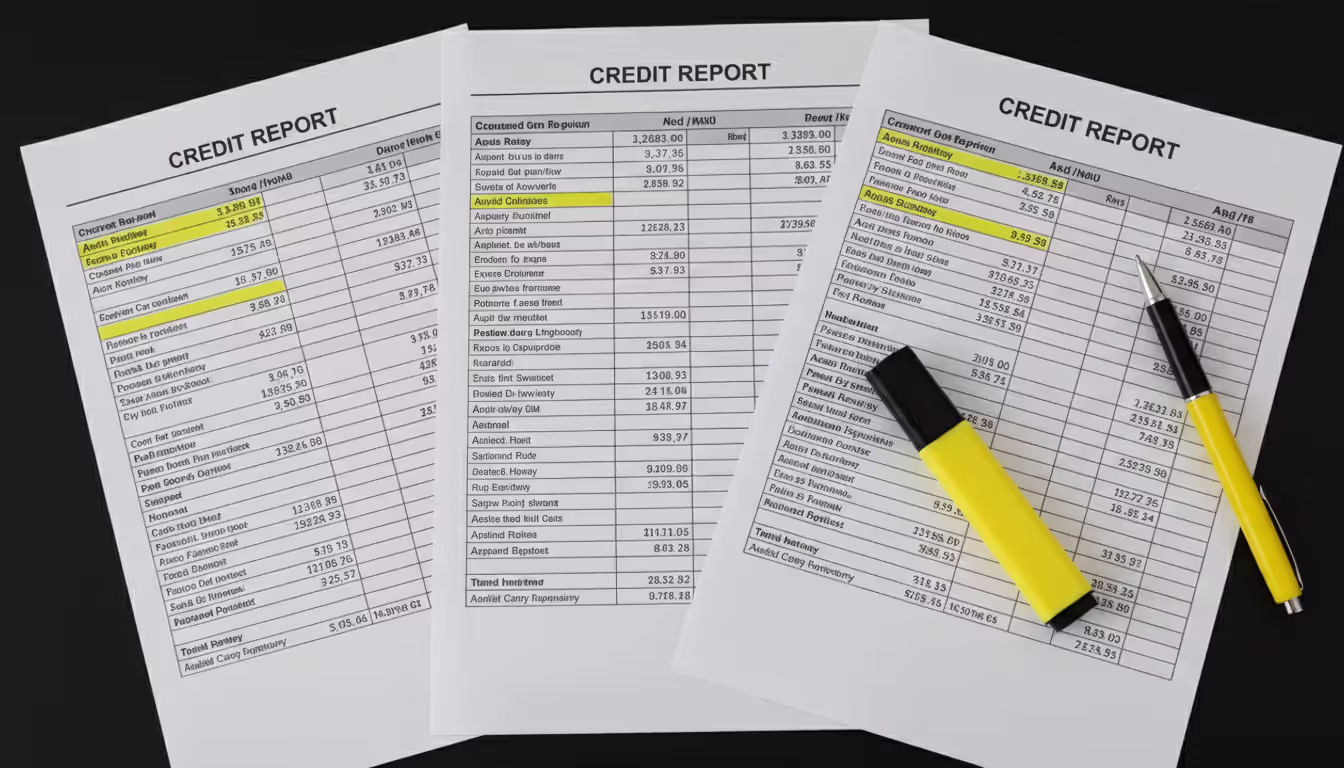 Top view of three credit reports on desk with highlighted discrepancies and errors marked in yellow