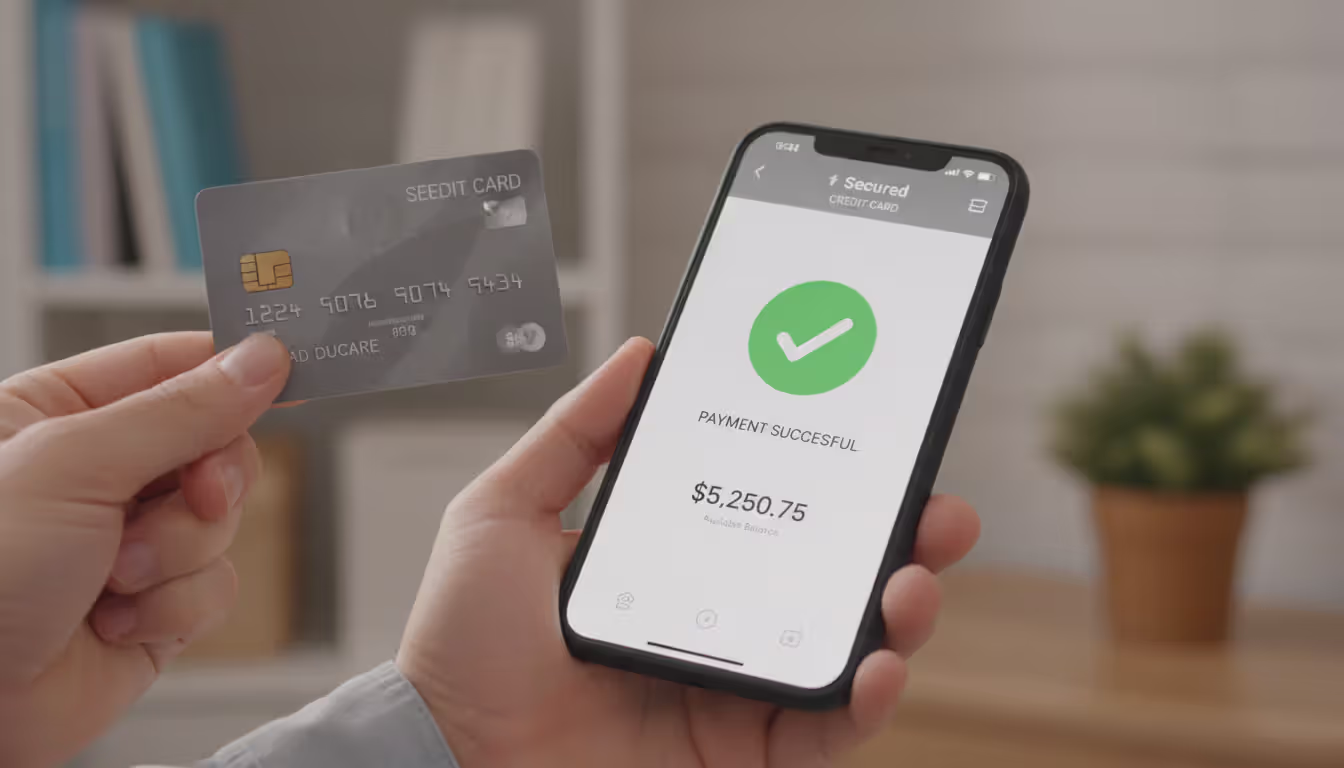 Person holding secured credit card with mobile banking app showing successful payment on smartphone