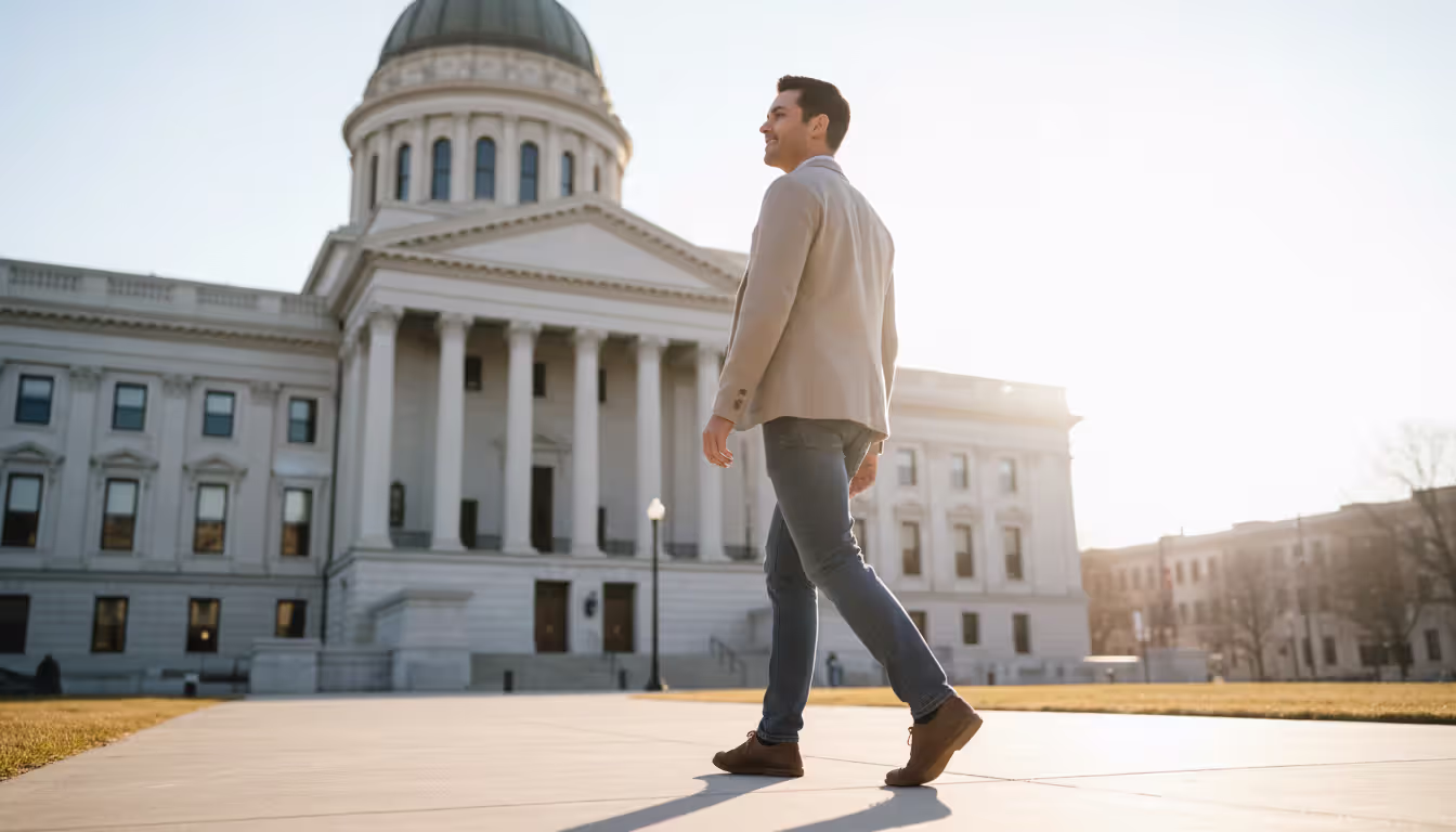 A person walking away from a courthouse into sunlight symbolizing a fresh financial start after bankruptcy discharge