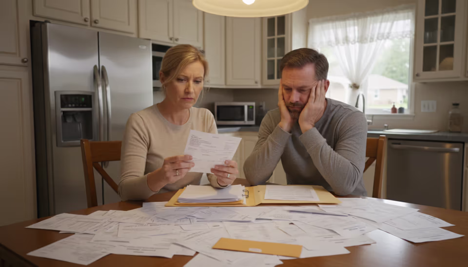 A worried middle-aged couple sitting at a kitchen table reviewing multiple medical bills and financial documents with stressed expressions