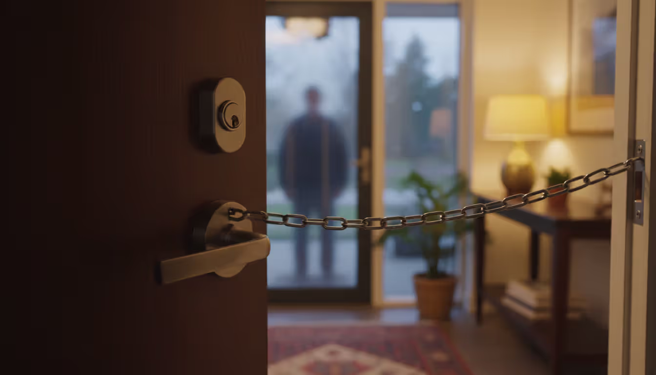 A locked front door with a security chain viewed from inside a home symbolizing legal protection from creditors