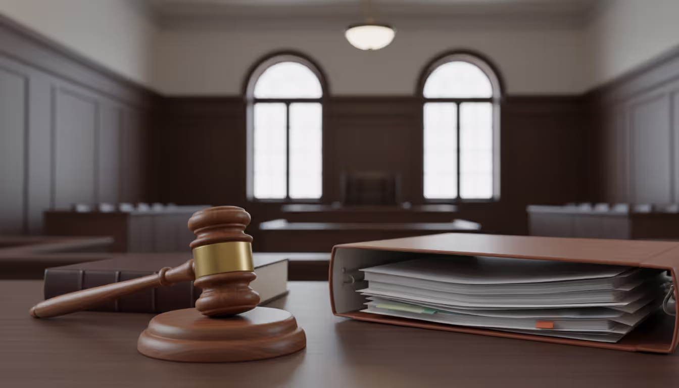 A judges gavel resting on a wooden stand next to an open legal folder in a courtroom setting
