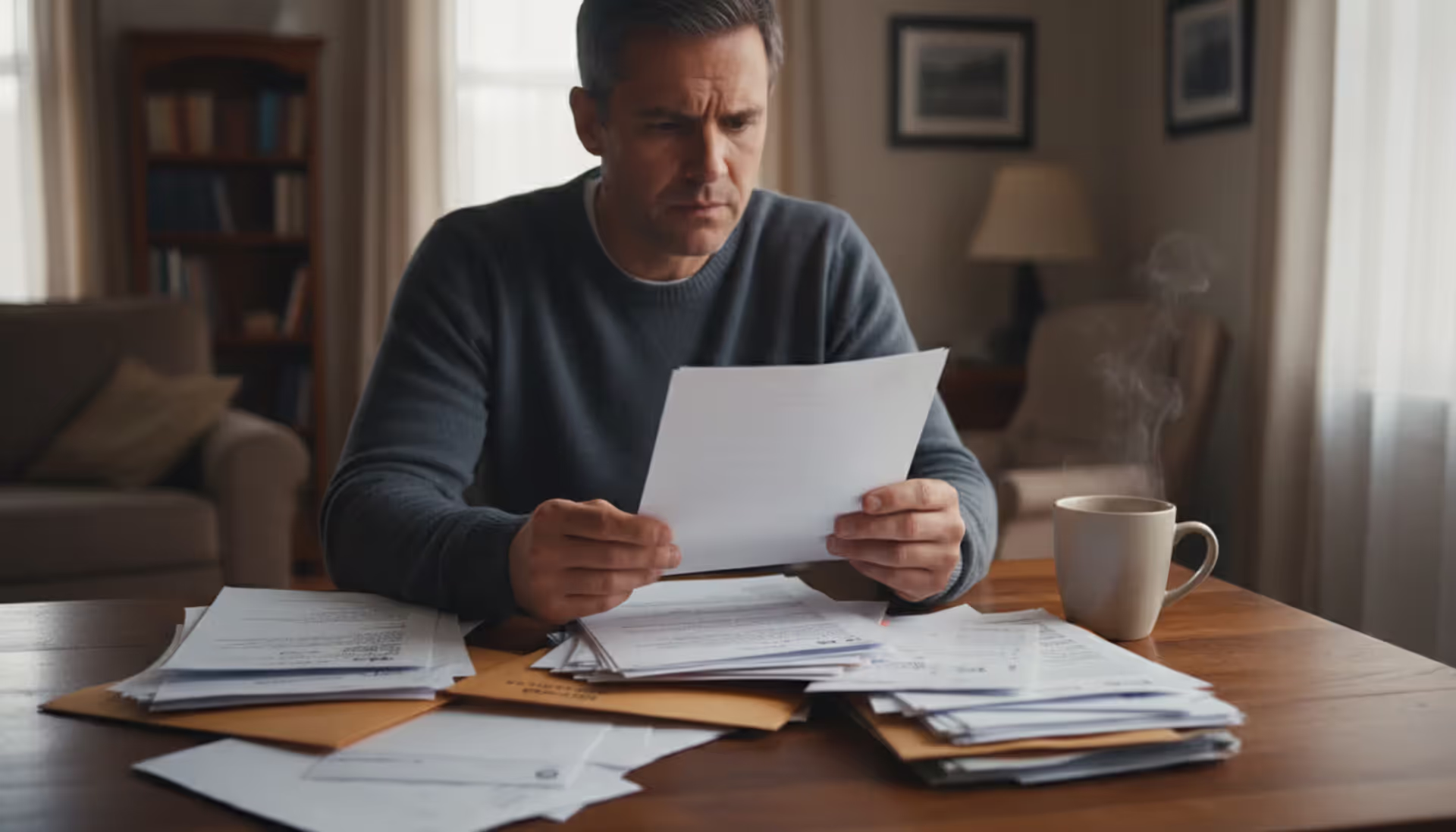 A person sitting at a home desk reviewing a stack of financial documents and letters with a focused and concerned expression