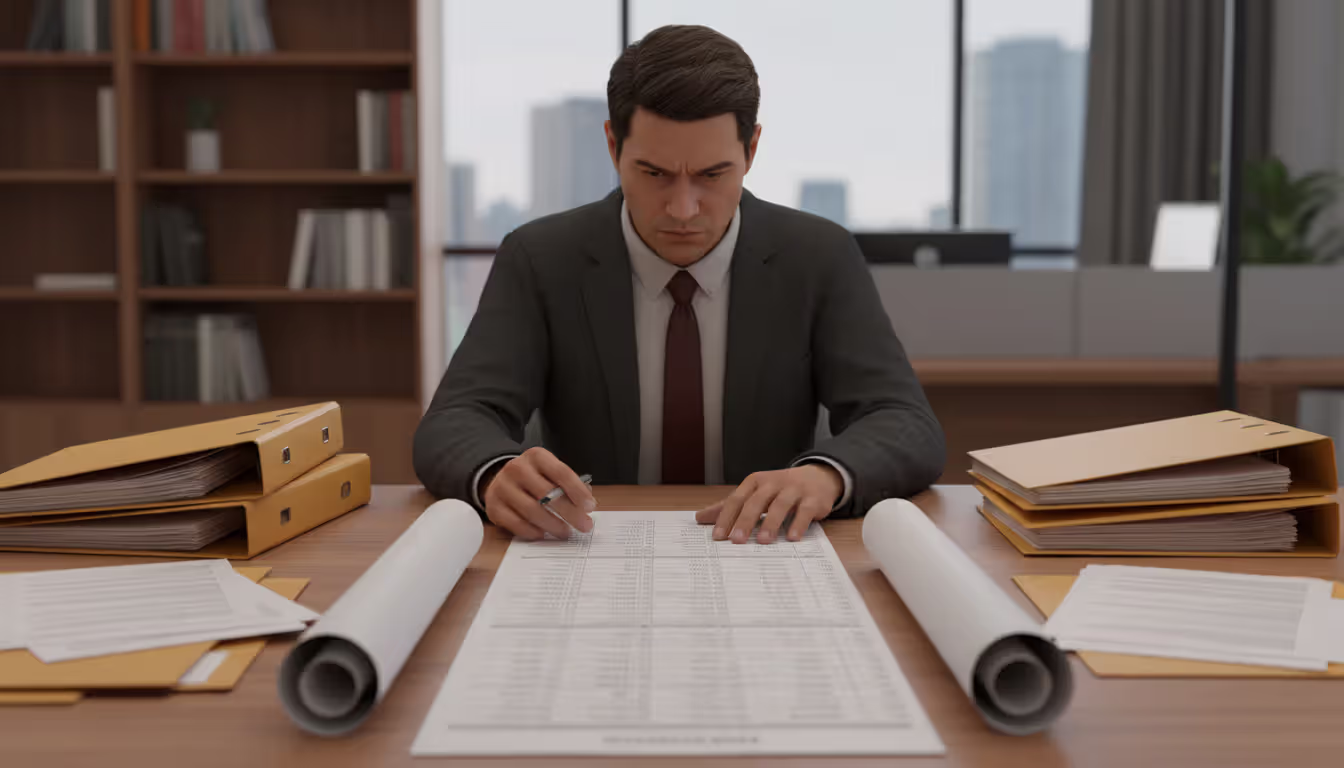 Person sitting at a desk carefully reviewing a lengthy printed financial document with additional papers and folders nearby