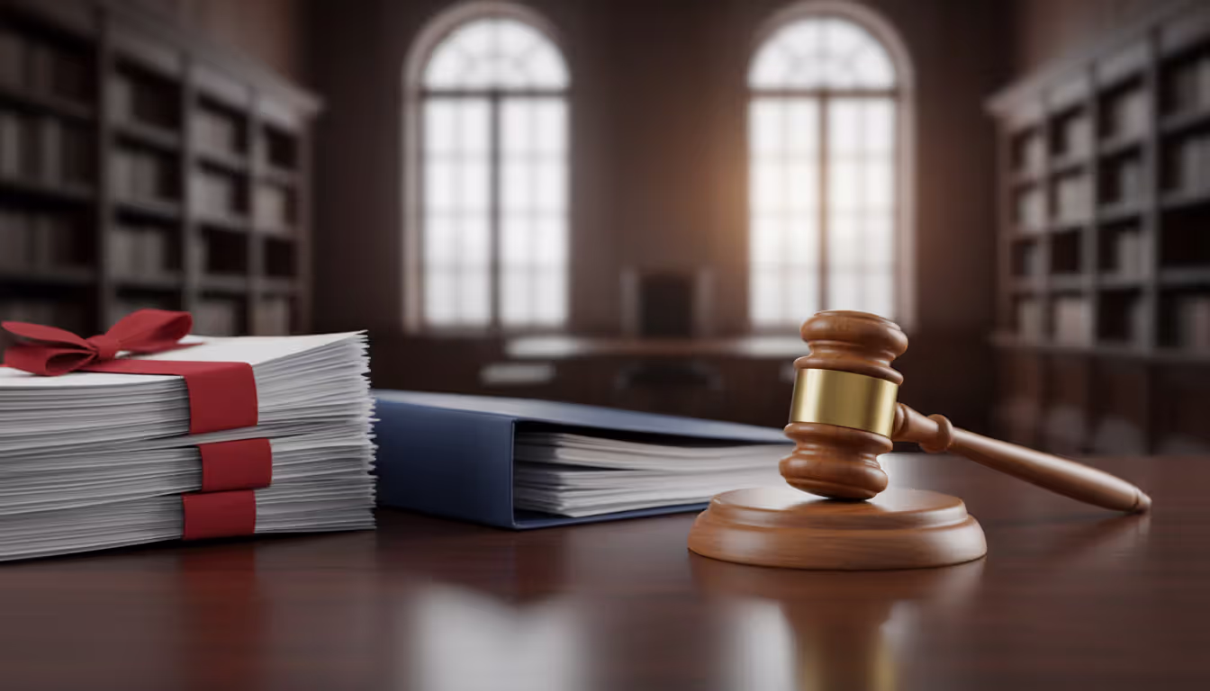 Close-up of a wooden judge gavel on its stand next to a stack of legal documents and a folder in a courtroom setting