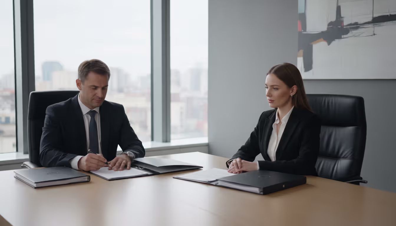 Two people sitting across from each other at a meeting table with documents spread between them in a formal office setting, one holding a pen