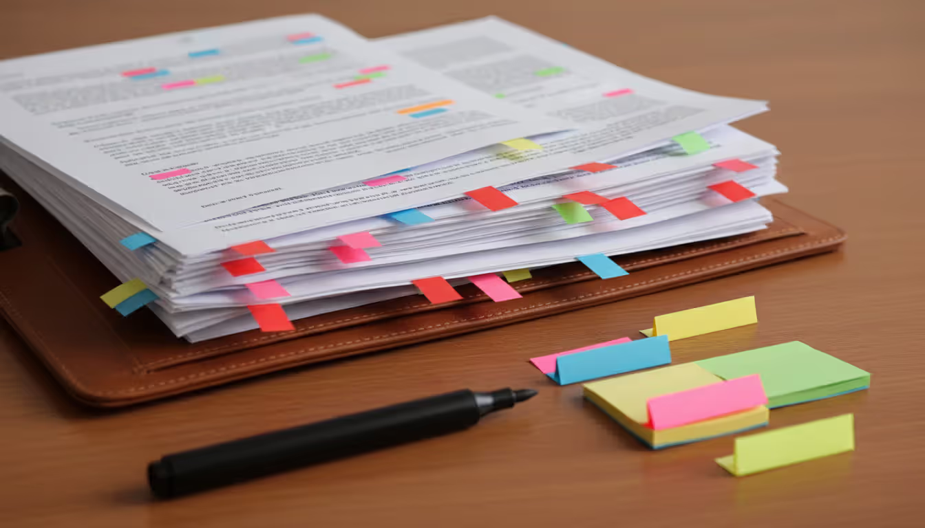 Open folder with documents marked by red flags and sticky tabs, with a highlighter and sticky notes nearby, representing paperwork errors and missed details