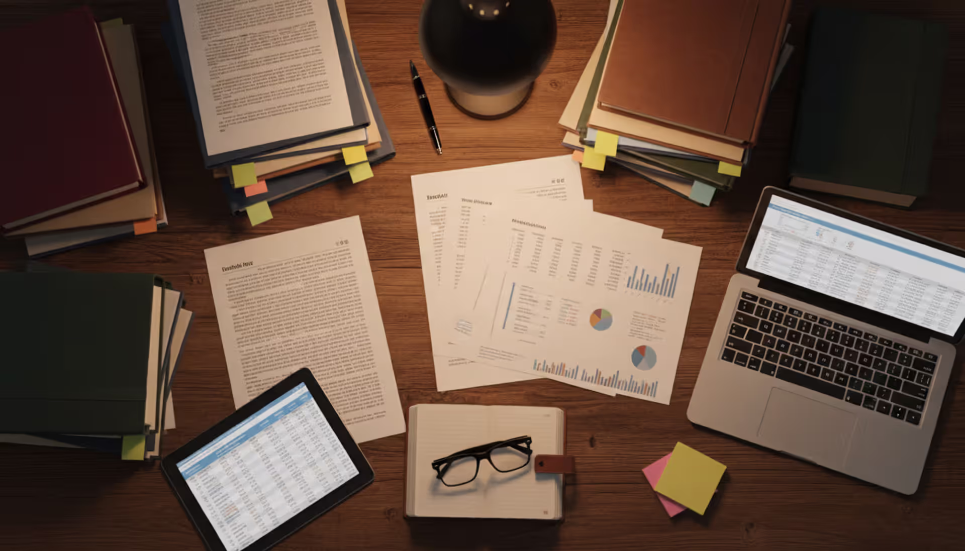 Top-down view of a desk covered with stacks of financial documents, folders, a pen, and reading glasses, representing bankruptcy filing preparation