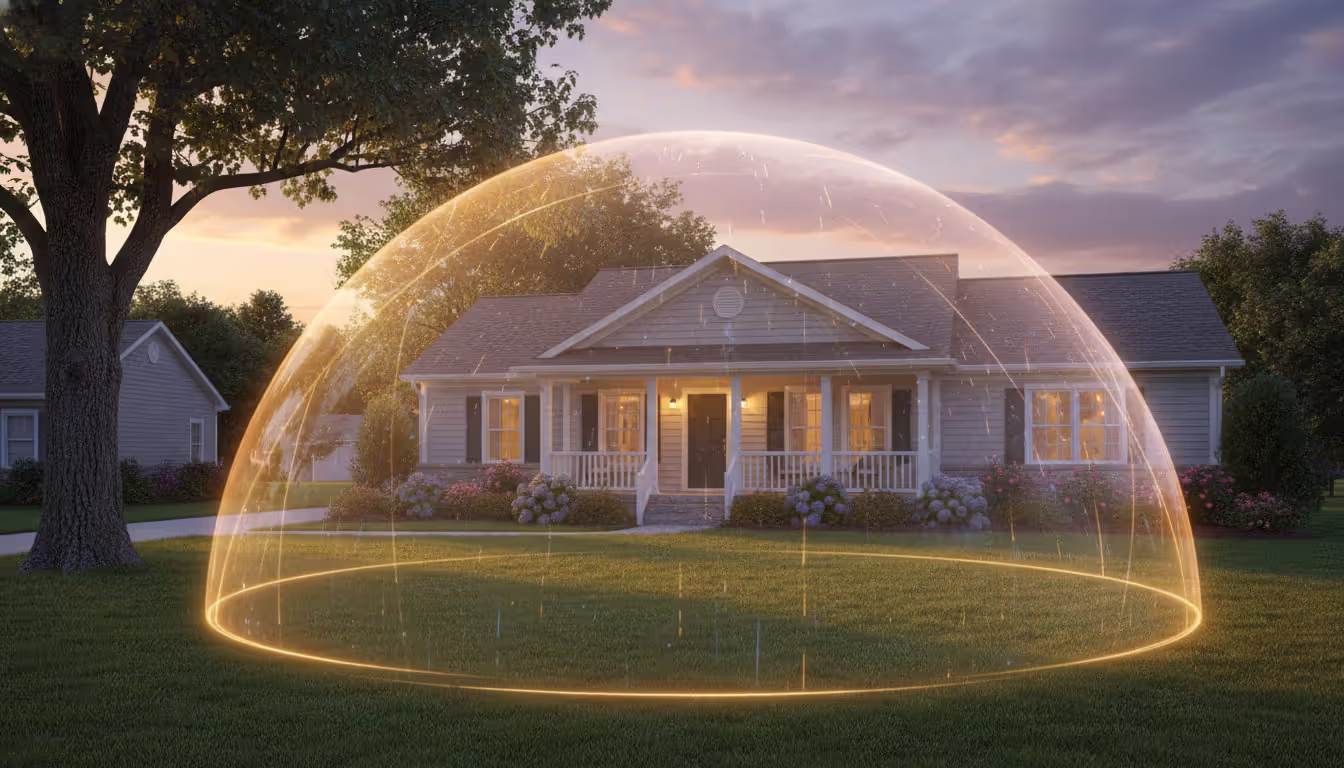 Suburban American house with a front porch and green lawn surrounded by a protective glowing shield symbolizing home protection in bankruptcy