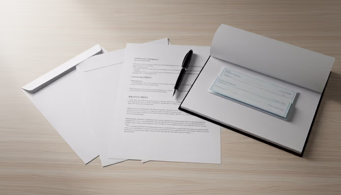 Stack of official financial documents envelopes and an open checkbook on a light wooden desk viewed from above