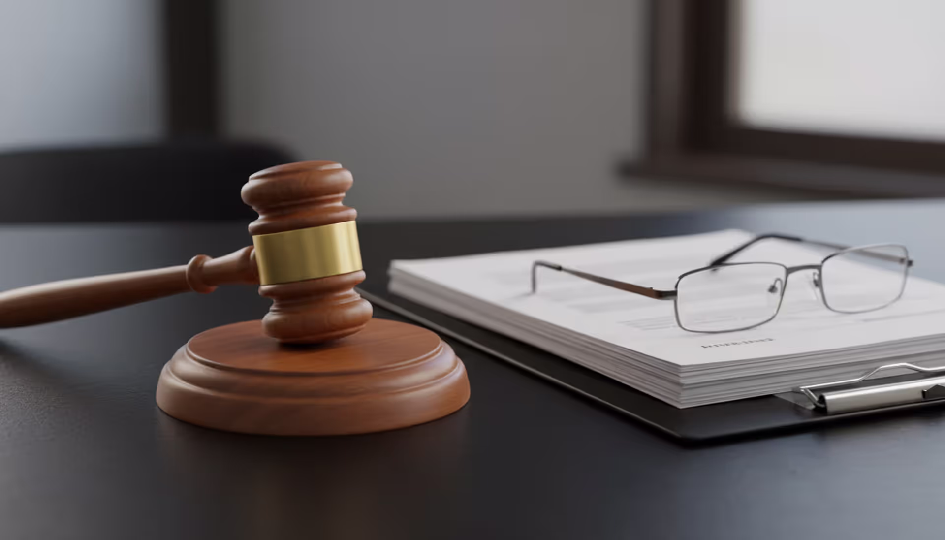 Wooden judge gavel on a dark polished desk next to an open legal folder and eyeglasses in a law office setting