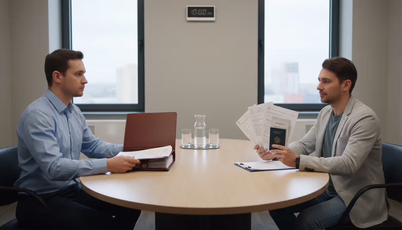 Two people sitting across from each other at a small conference table during a formal meeting with documents and identification on the table