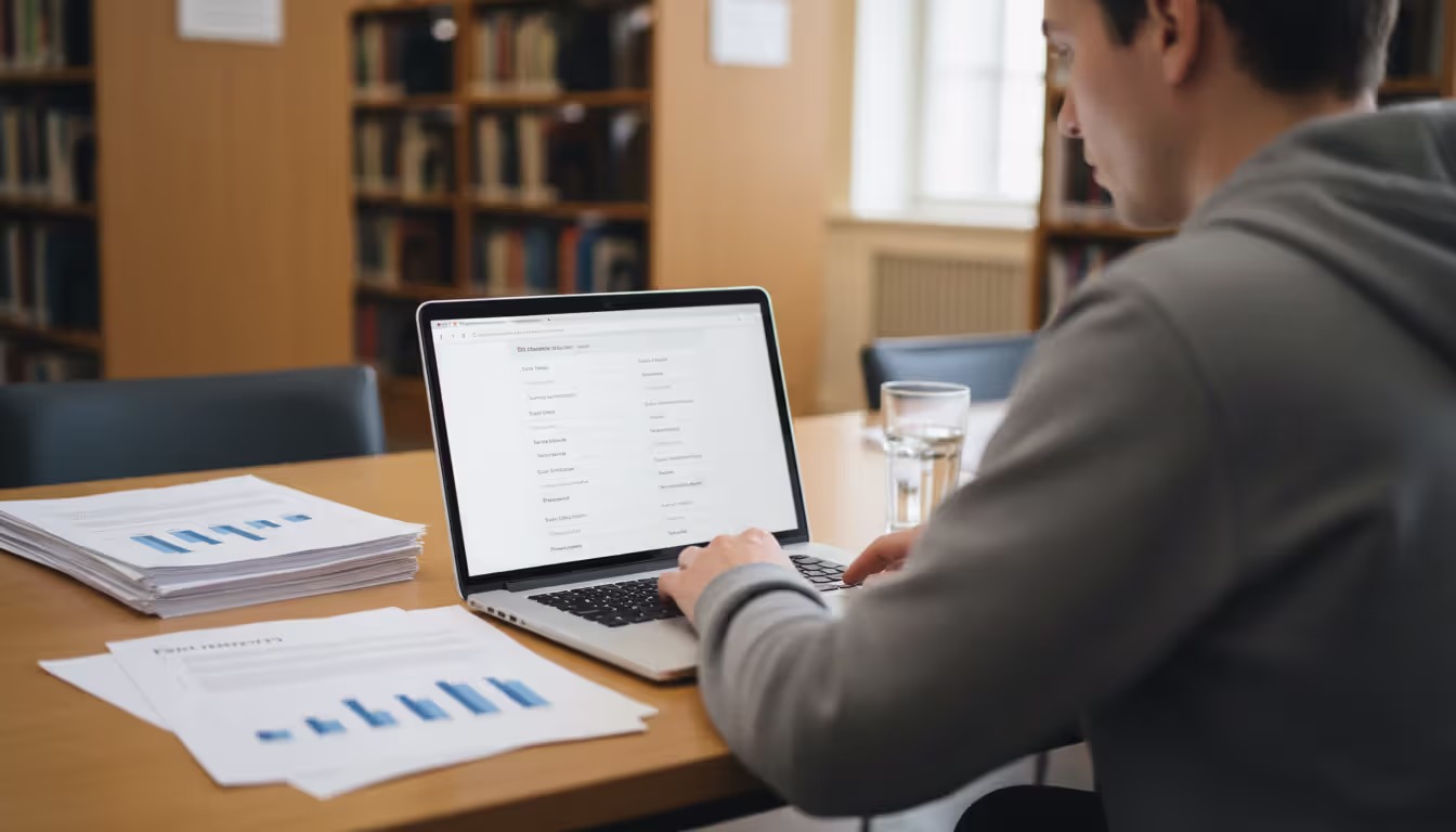 A person working on a laptop in a public library researching legal forms online with printed documents on the table and bookshelves in the background