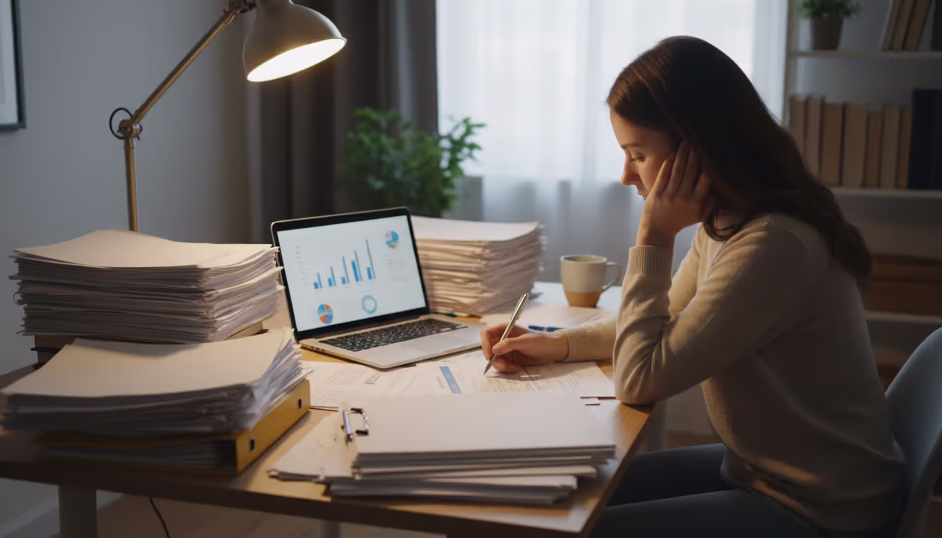 A stressed person sitting at a home desk surrounded by stacks of legal documents and folders with an open laptop, concentrating on paperwork