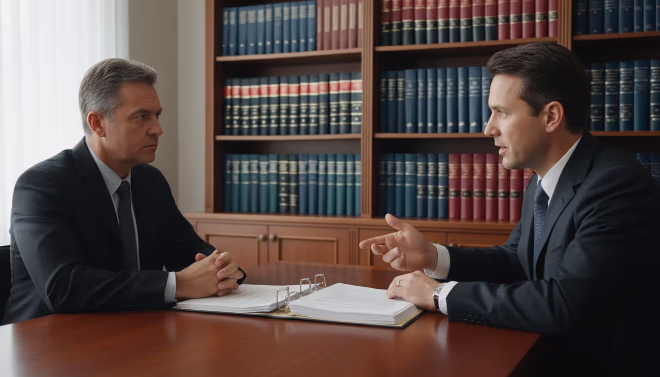 A person sitting across from a lawyer at an office desk discussing legal documents with bookshelves in the background