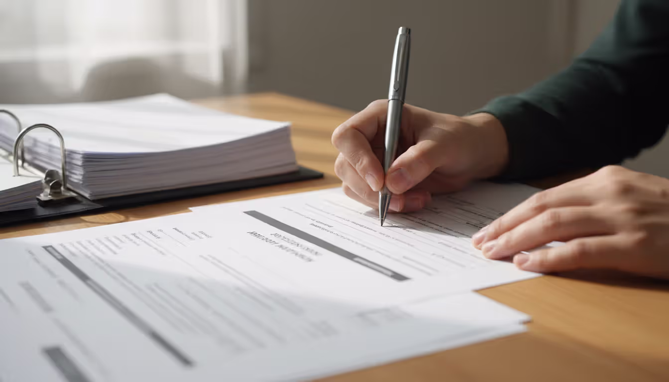 Close-up of hands filling out official paperwork with a pen at a desk next to a stack of financial documents