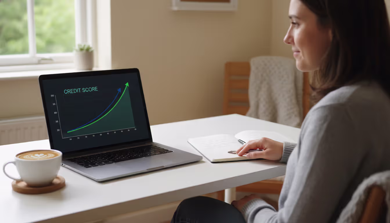 A person sitting at a home desk looking at a laptop screen showing a rising graph representing credit score improvement