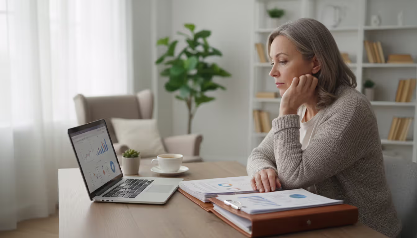 Woman researching bankruptcy options on a laptop at her home desk with legal documents nearby