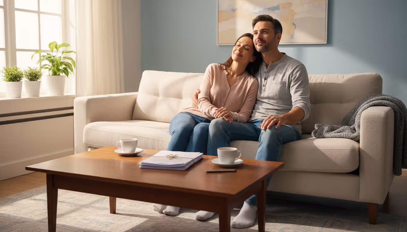 Relieved couple sitting on a couch at home with organized documents on a coffee table symbolizing a fresh financial start