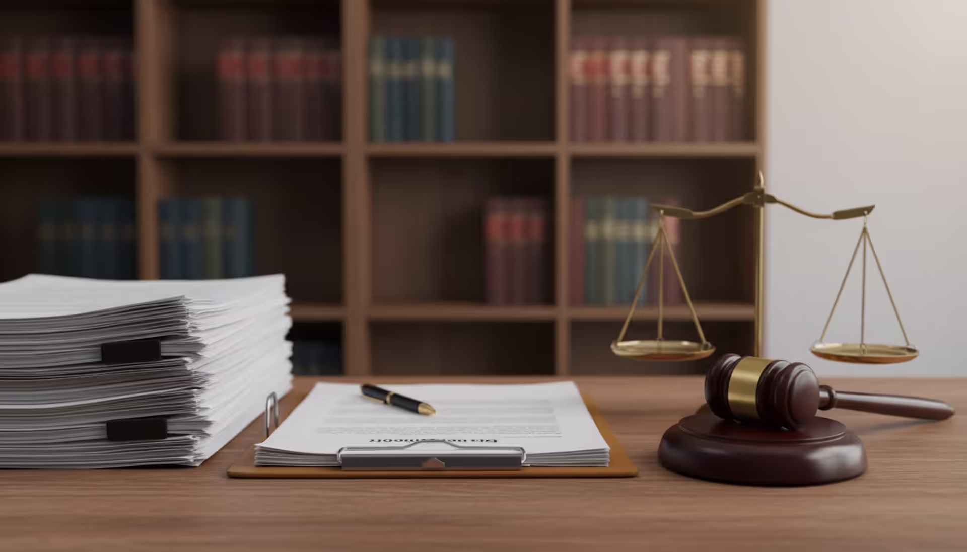 Wooden desk with legal documents, a judge's gavel, and scales of justice in a law office setting