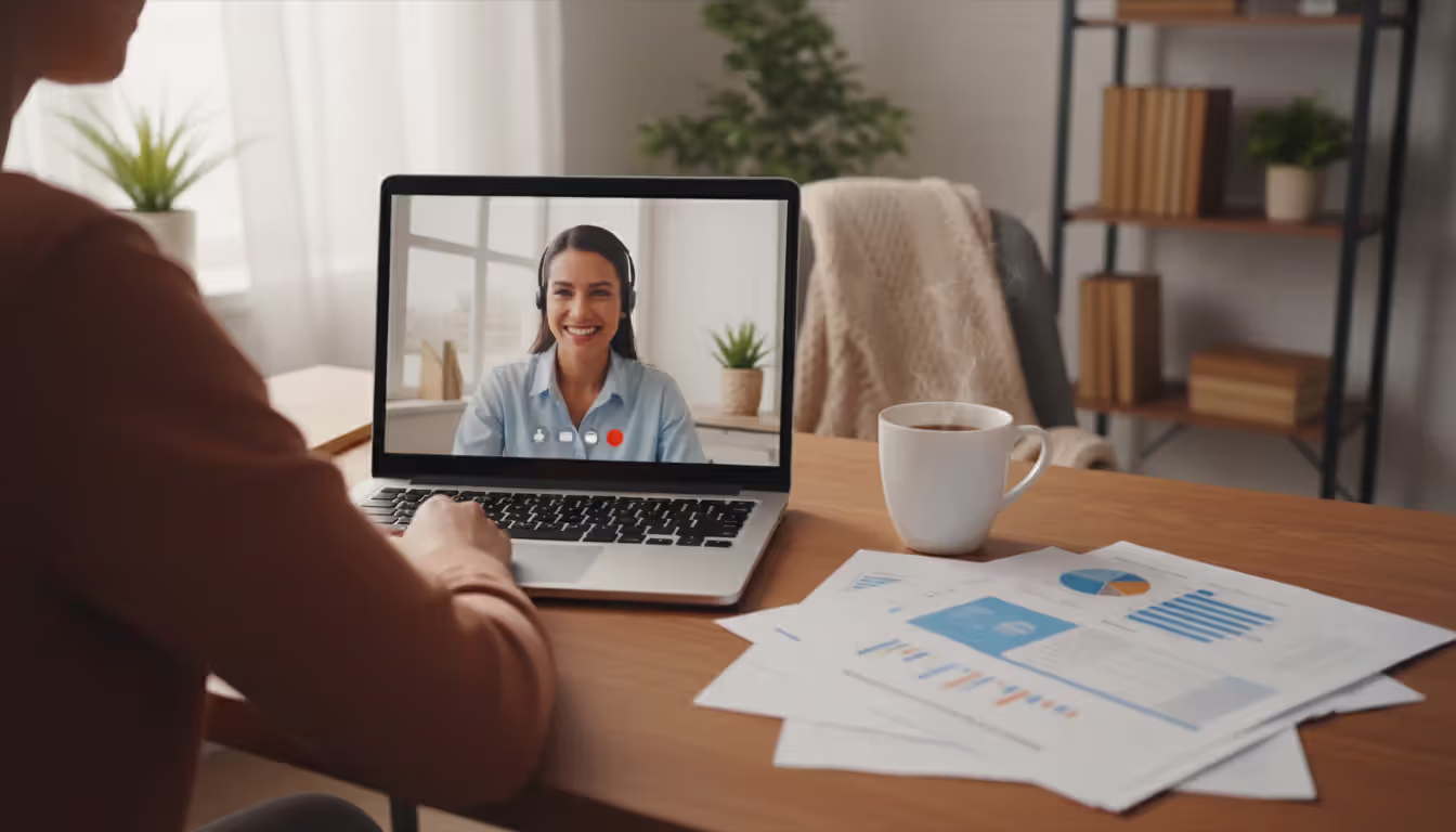 Person sitting at a home desk having an online credit counseling session on a laptop with financial documents nearby