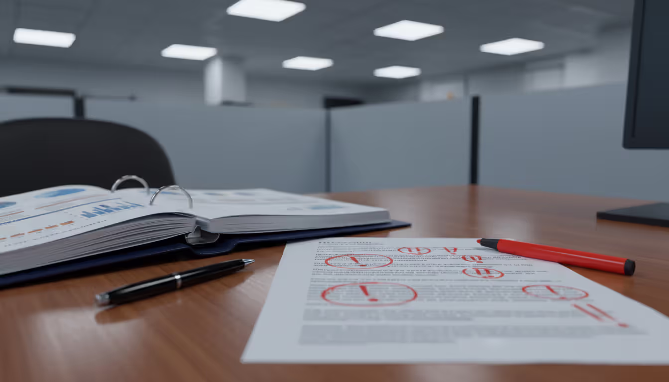 Financial documents on a desk with red marker highlights indicating errors and exclamation marks, representing common bankruptcy filing mistakes
