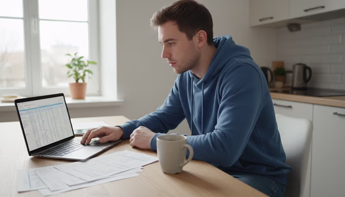 Young man reviewing credit card statements and a laptop at a kitchen table with a cup of coffee