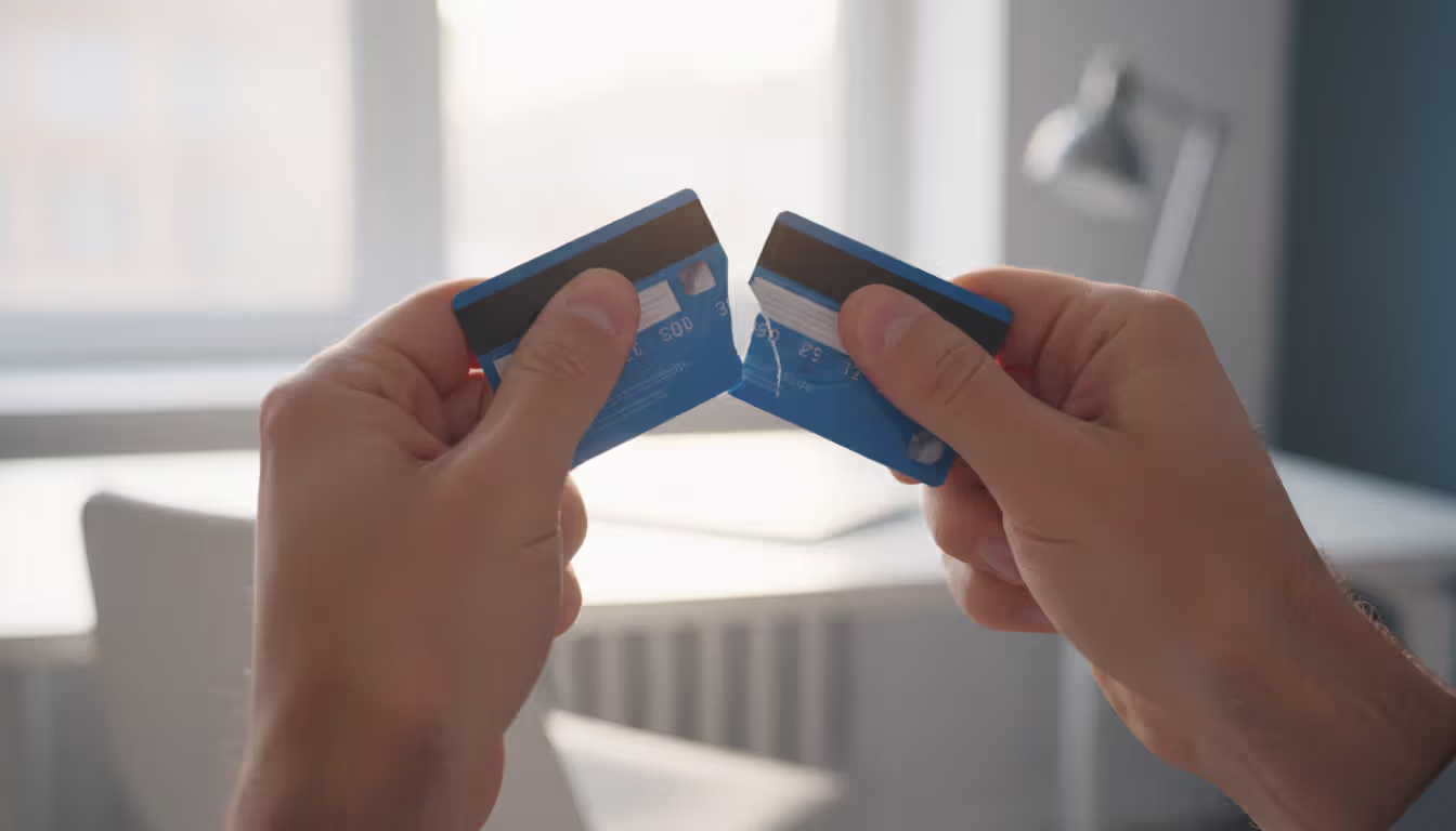 Close-up of hands cutting a credit card in half with a blurred office background