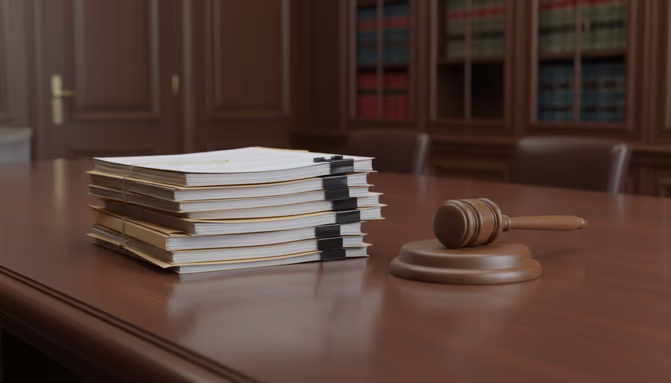 Bankruptcy court documents and folders neatly stacked on a table next to a judge gavel