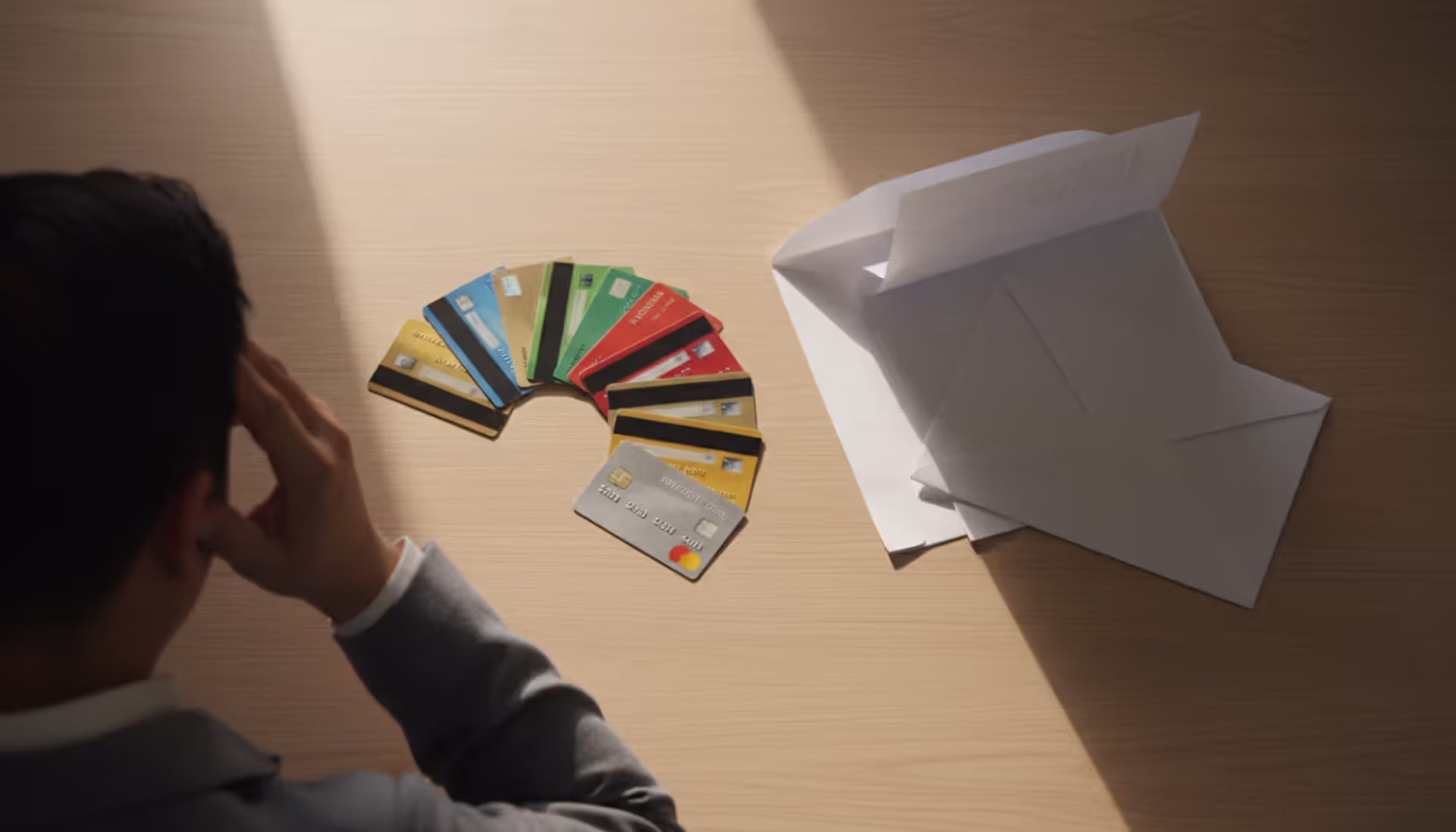 Stressed person sitting at a wooden desk covered with multiple credit cards and unpaid paper bills