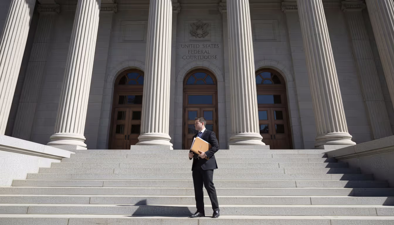 A person in business attire walking up the steps of a U.S. federal courthouse building carrying a folder of documents, representing filing bankruptcy papers with the court