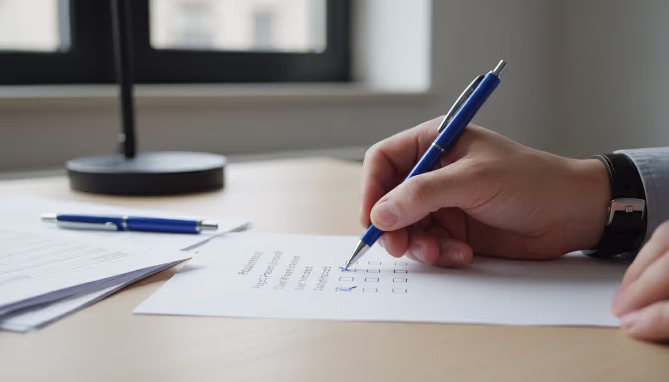 Hand checking off a requirement on a printed checklist next to stacked documents on a light office desk