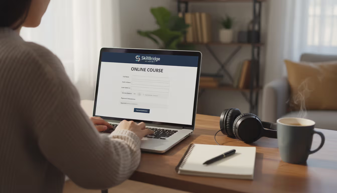 Person sitting at a home desk completing an online counseling course on a laptop