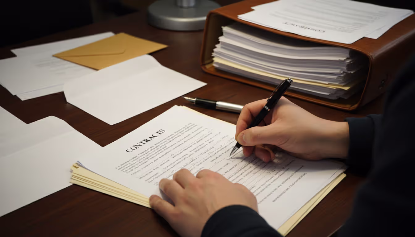 Hands filling out a thick stack of official legal paperwork on a wooden desk with envelopes, a pen, and document folders nearby