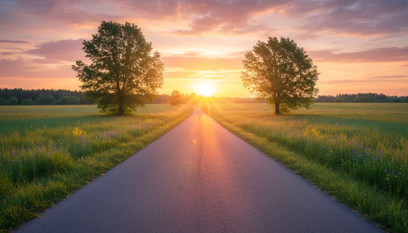 A straight road leading into a sunrise with green fields on both sides, symbolizing a fresh start and new beginning