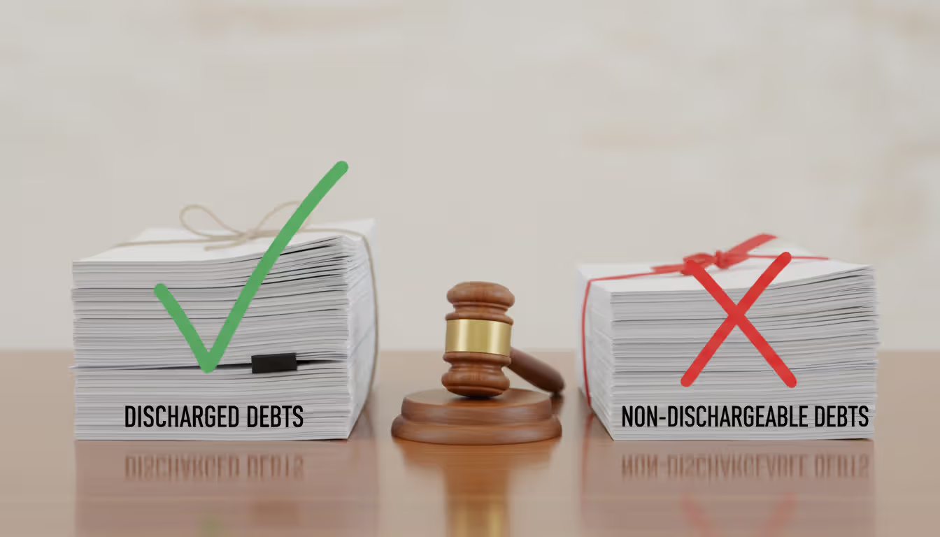 Two stacks of documents on a wooden desk, one marked with a green checkmark and another with a red cross, with a small gavel between them, representing dischargeable versus non-dischargeable debts