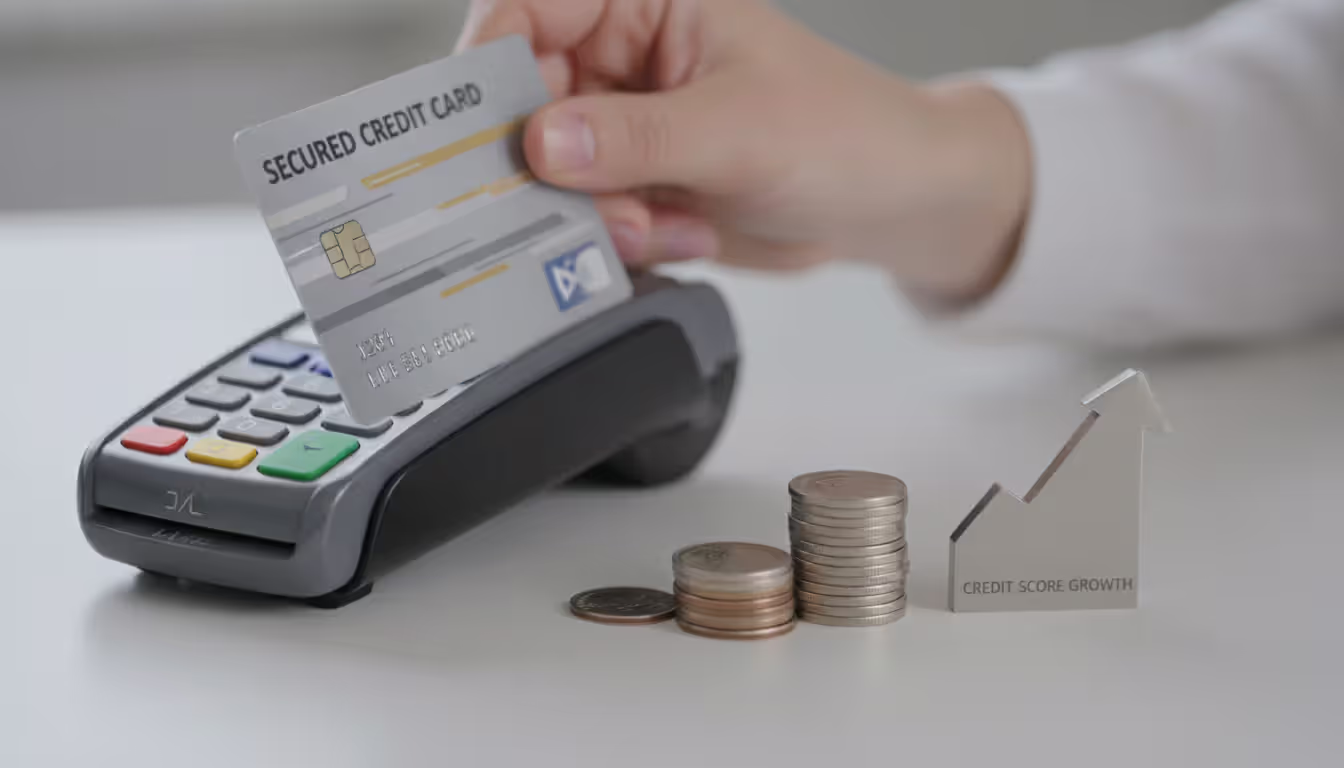 Hand inserting a secured credit card into a payment terminal with coins and an upward arrow symbolizing credit score rebuilding