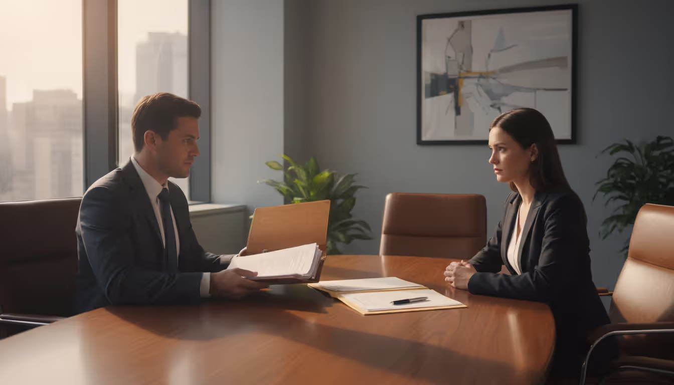 A lawyer and a client sitting across from each other at a small conference table during a 341 meeting of creditors, with documents and a pen on the table