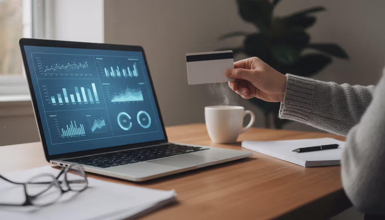 A close-up of a person's hand holding a plain plastic bank card over a laptop on a desk with a neat stack of papers and a coffee cup in a calm home office setting symbolizing credit rebuilding