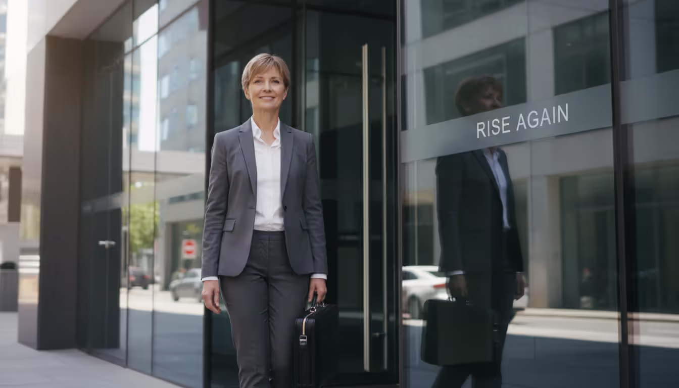 A confident middle-aged professional woman in a business suit holding a briefcase smiling calmly at the entrance of a modern glass office building in daylight