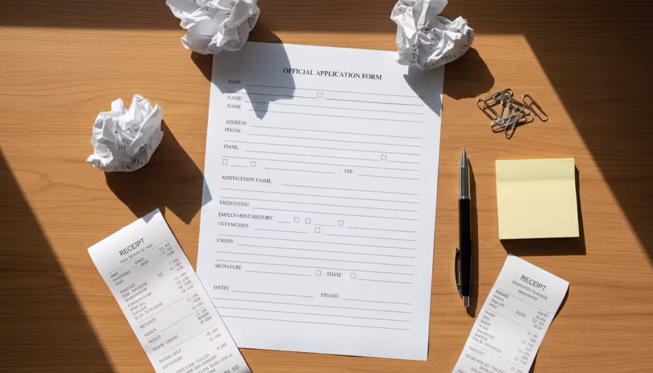 Top-down view of an official blank claim form on a wooden desk with a pen, paper clips, and receipts