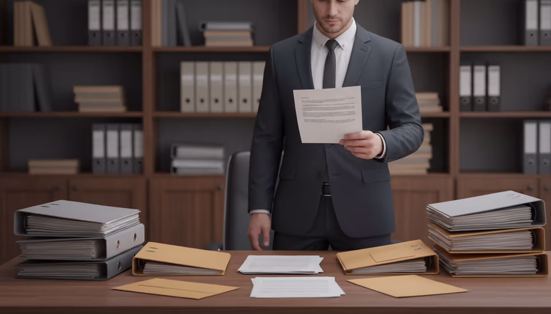 Business professional standing at office desk reviewing a legal document surrounded by stacks of paperwork and file folders