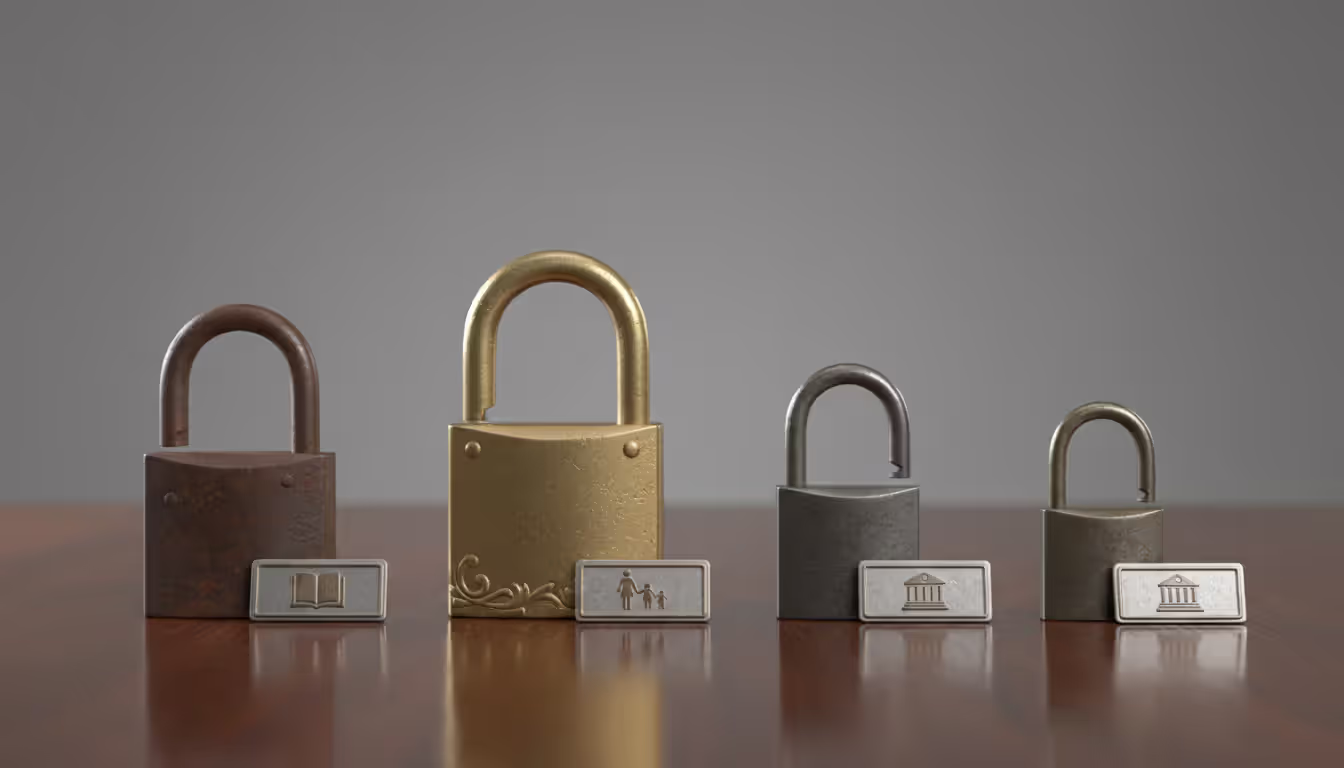 A row of locked padlocks on a table each with small icon tags showing a book a family silhouette and a government building representing non-dischargeable debts in bankruptcy