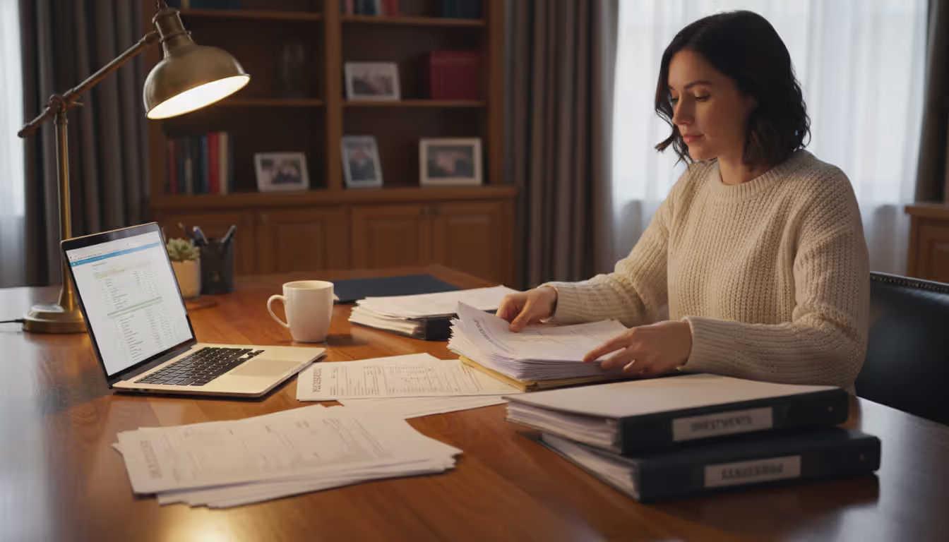 A person sitting at a home office desk organizing stacks of financial documents pay stubs and bank statements with an open laptop and a cup of coffee in warm lamp light