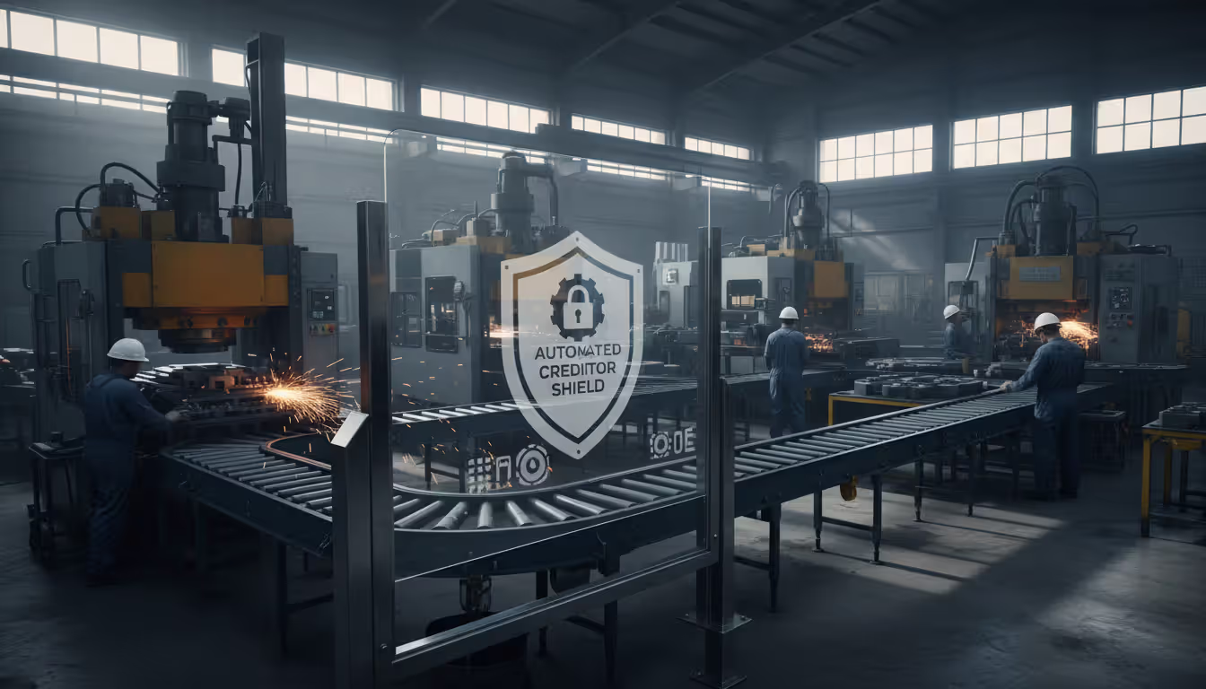 Active manufacturing facility with production line operating behind protective barrier symbolizing automatic stay