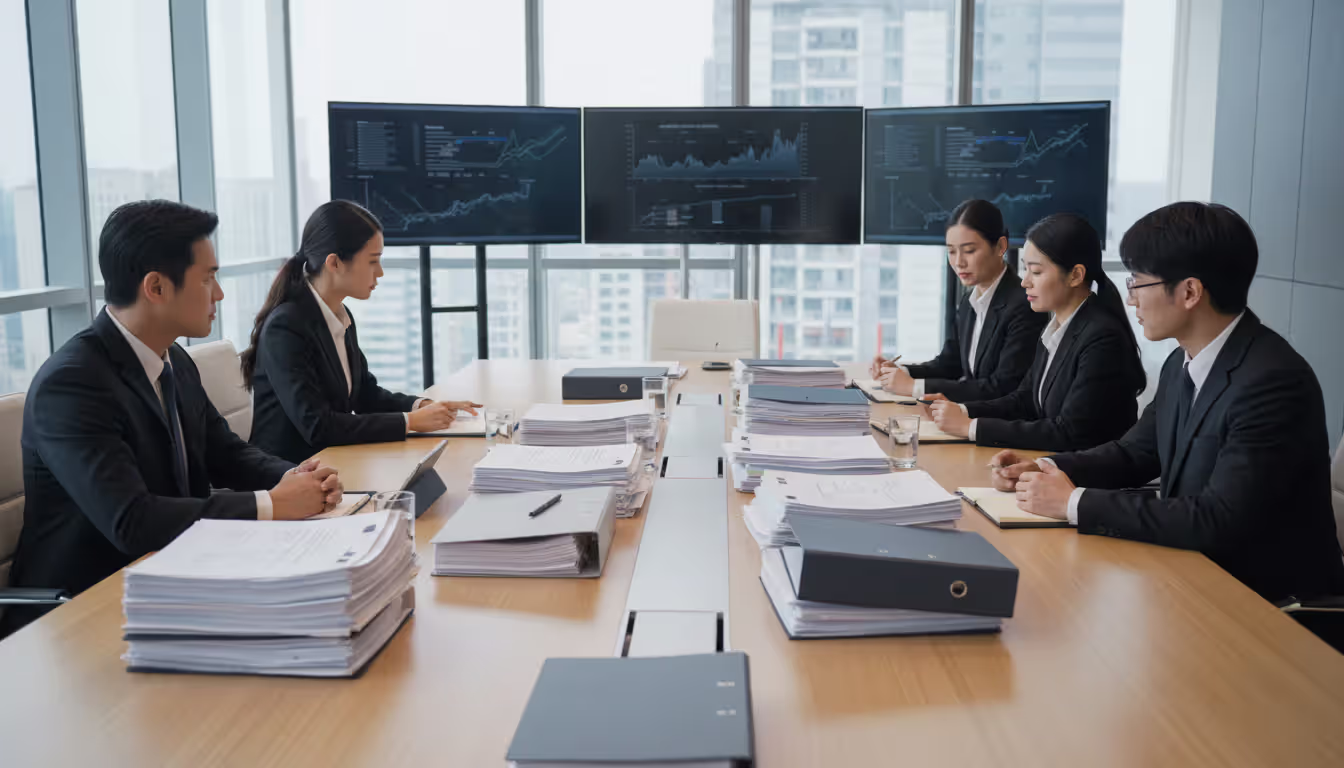 Business negotiation in conference room with debtor representatives facing creditor group across table with documents