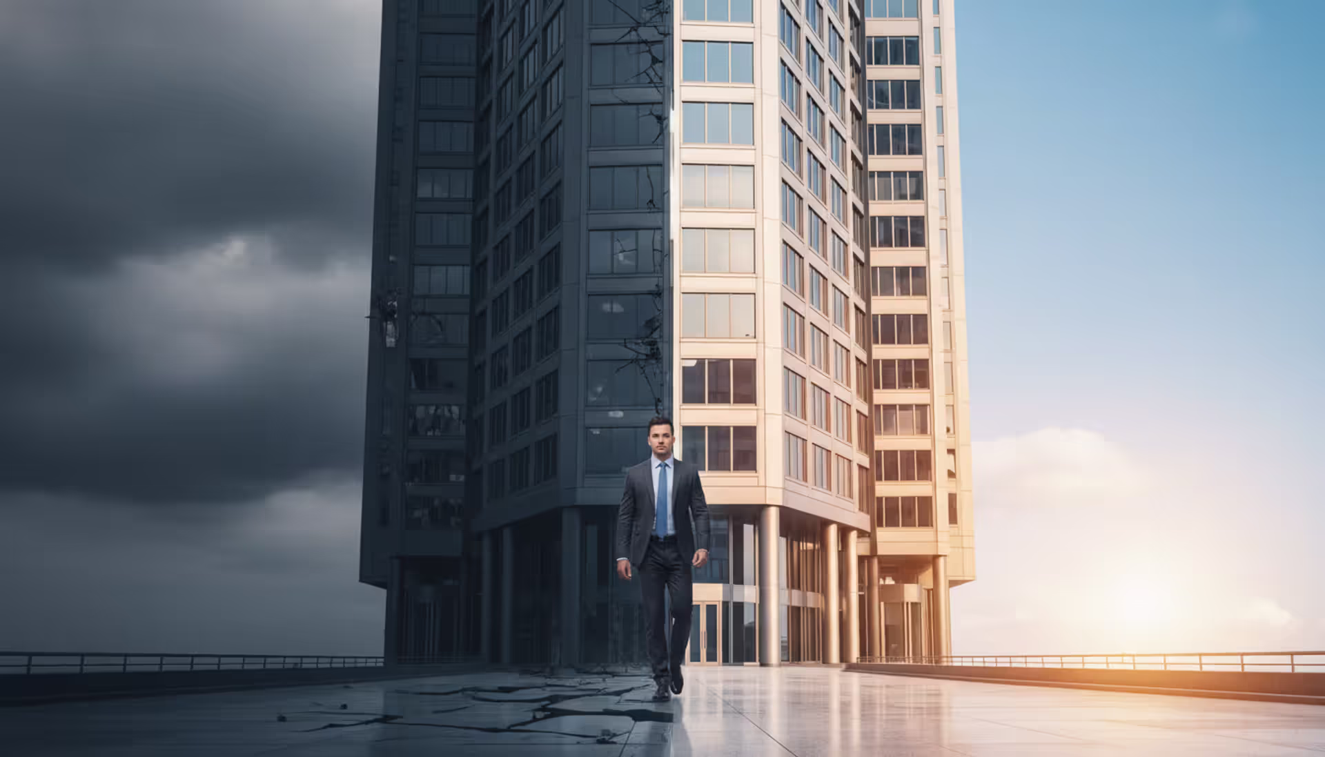 Modern office building split between dark and bright halves symbolizing business crisis and recovery, businessman walking forward confidently
