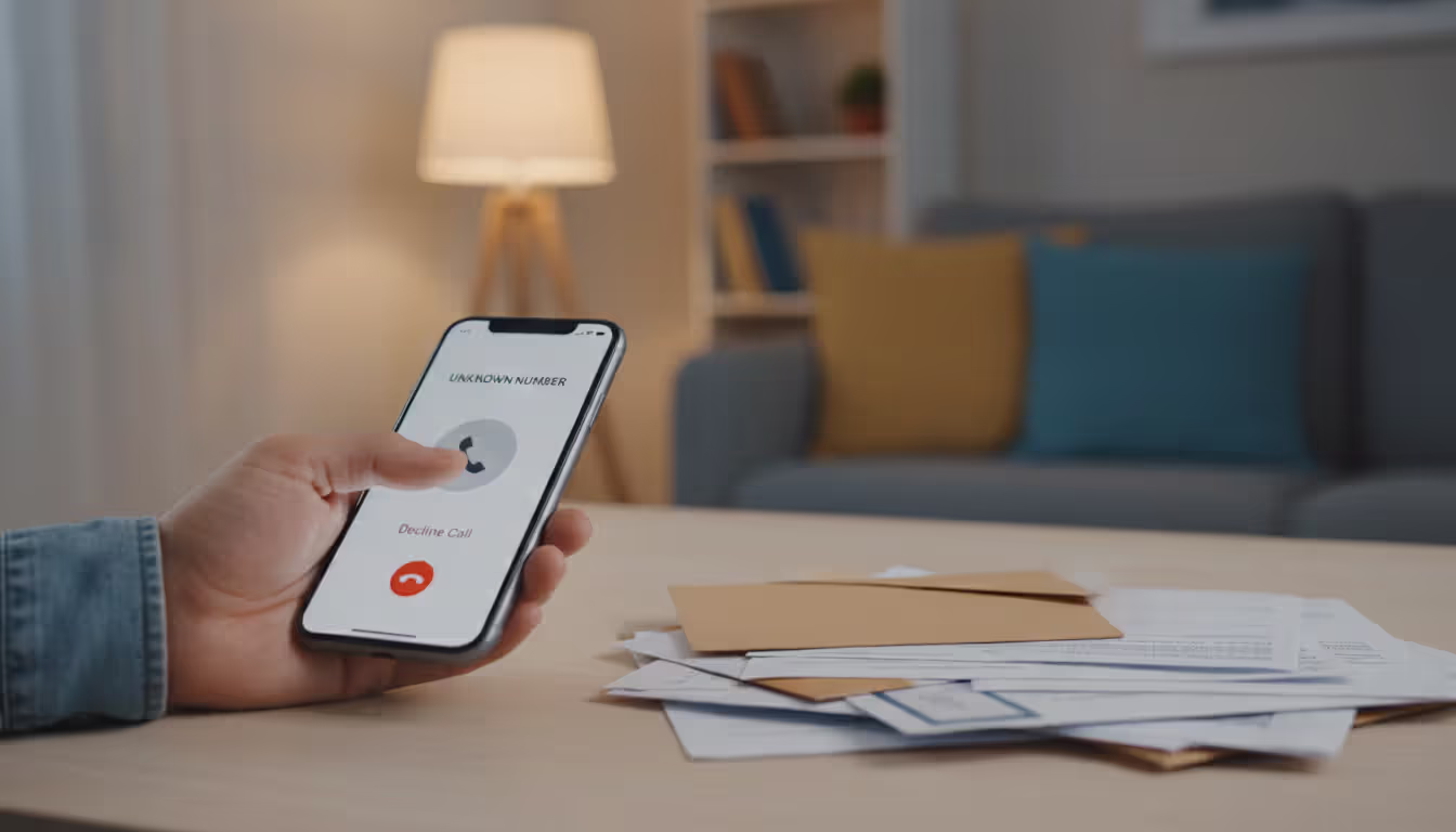 Hand declining incoming phone call on smartphone with stack of opened debt collection letters on table nearby