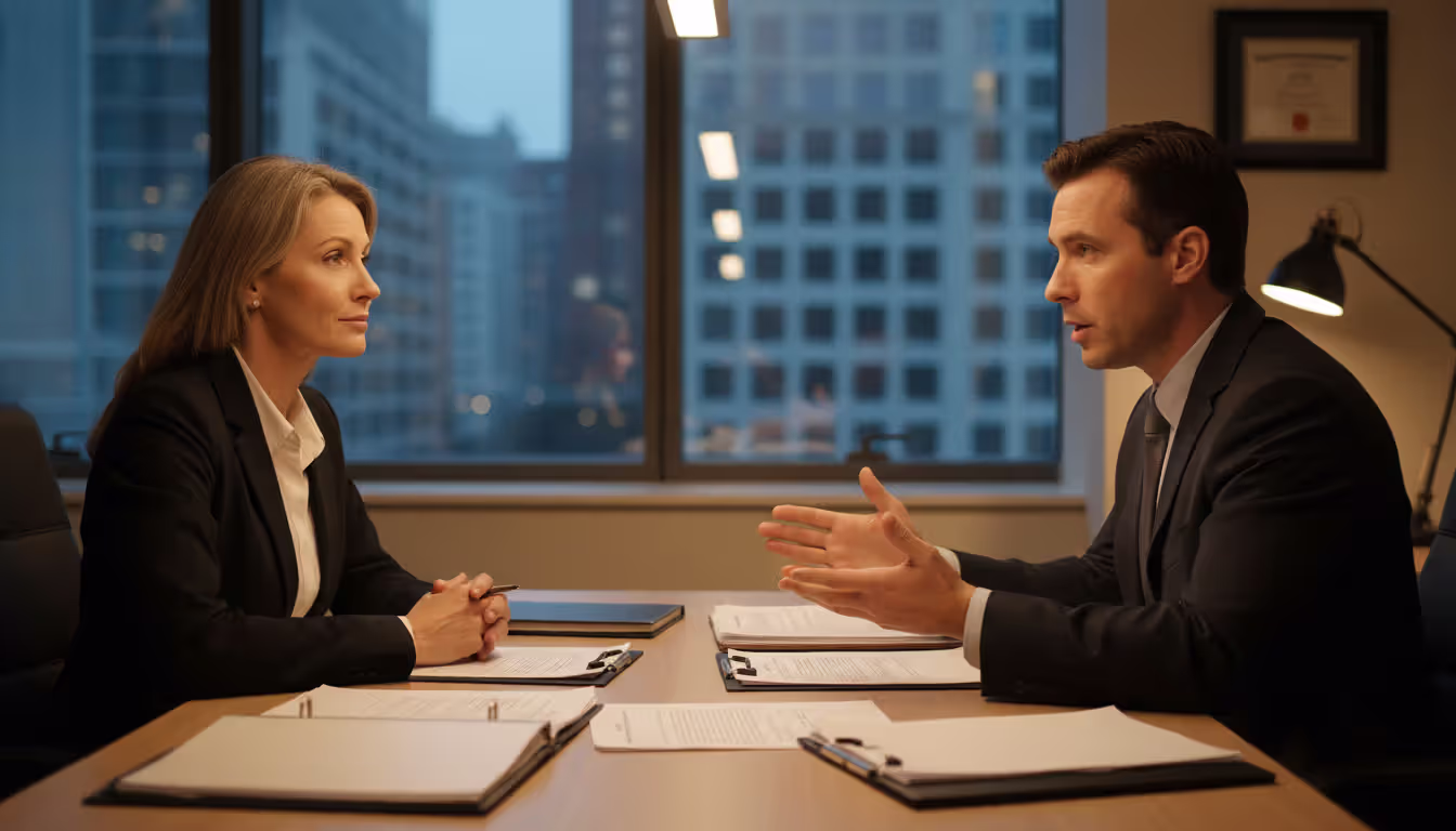 Middle-aged couple sitting across from professional attorney in office discussing financial documents with hopeful expressions